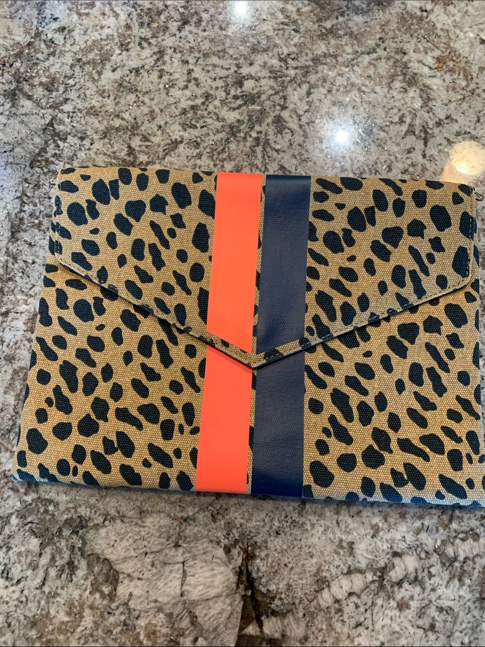 Leopard Print Envelope Clutch with Navy and Orange Center Stripes